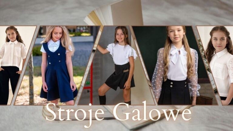 Kolekcja strojów galowych dla dziewczynek, w tym eleganckie bluzki i spódnice, idealne na uroczyste okazje.