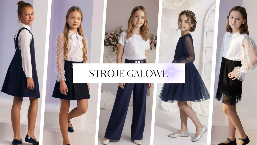 Kolekcja strojów galowych dla dziewczynek na rok 2026, prezentująca różnorodne eleganckie stylizacje.